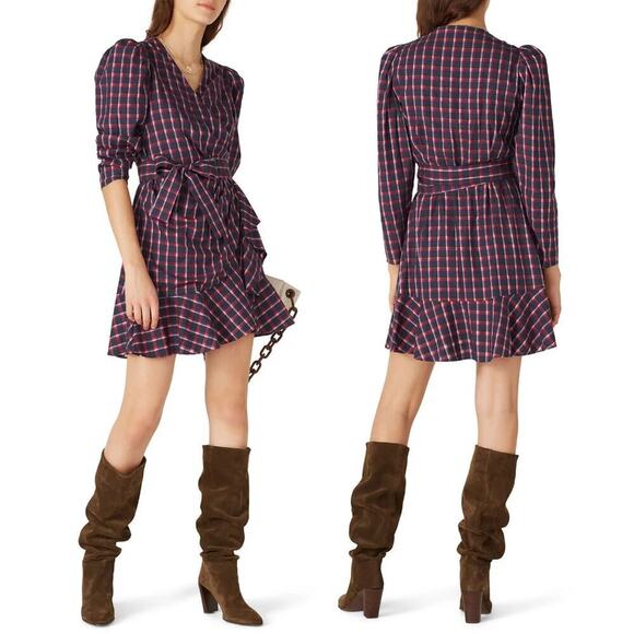 Tanya Taylor Plaid Lexi Wrap Asymmetrical Ruffle Hemline Mini Dress size‎ 8 - Picture 1 of 8